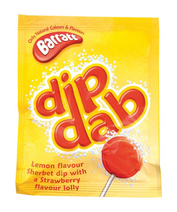 MJ's Barratt Dip Dab lemon flavour sherbet dip with Strawberry flavour lolly