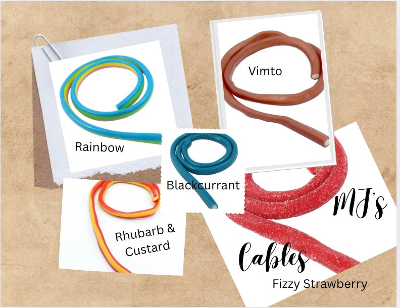 MJ's Giant Cable sweets Rainbow, Vimto, Rhubarb & Custard, fizzy Strawberry and Blackcurrant flavours